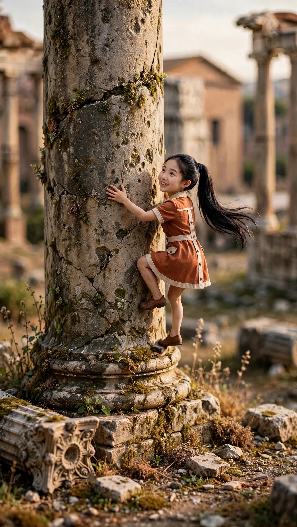 Tiny Zara climbing an enormous ancient column in the Roman Forum