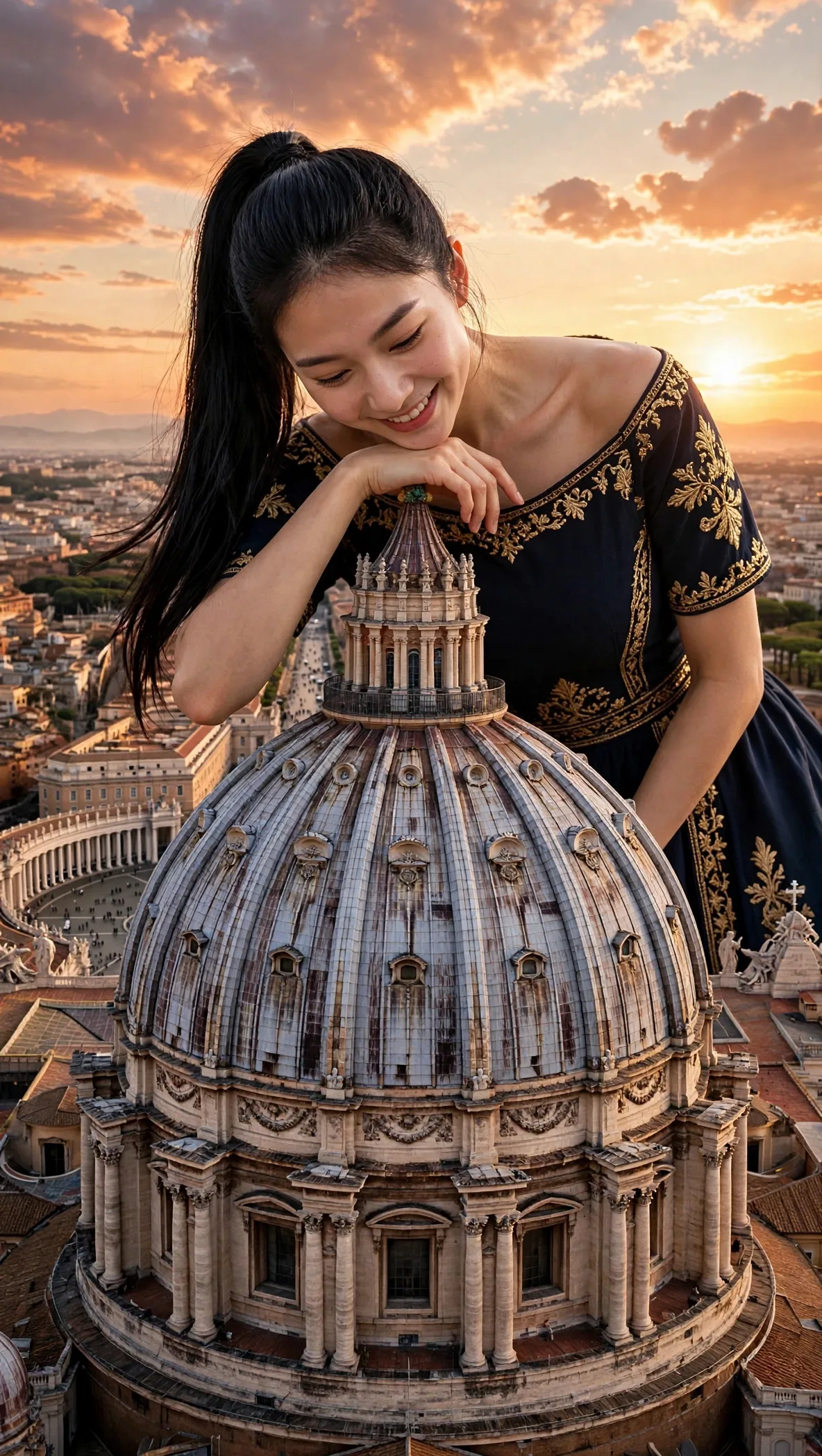 Tiny Zara leaning over a miniature view of Saint Peter’s Basilica at sunset