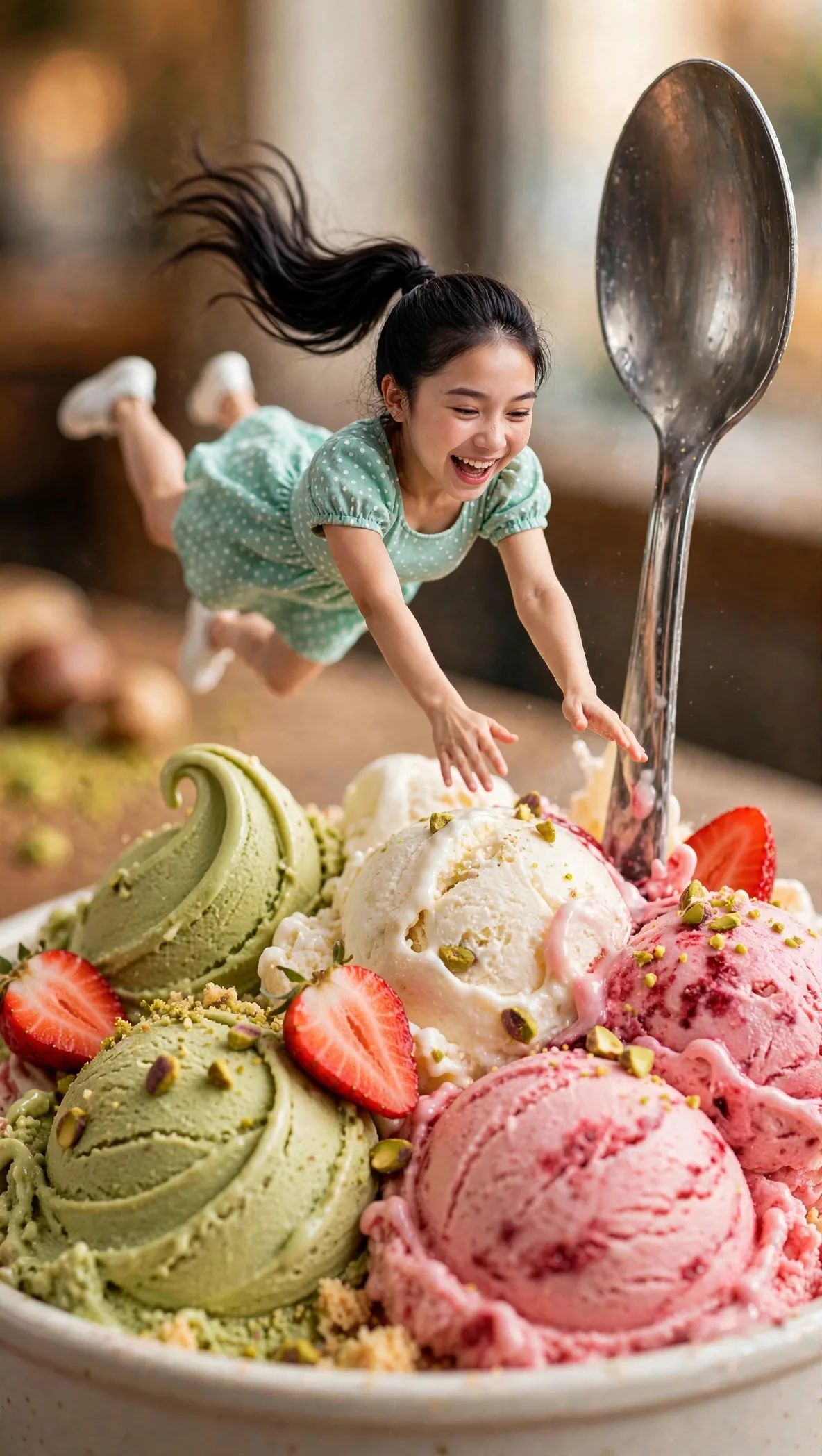 Tiny Zara tumbling happily across giant scoops of gelato beside a spoon
