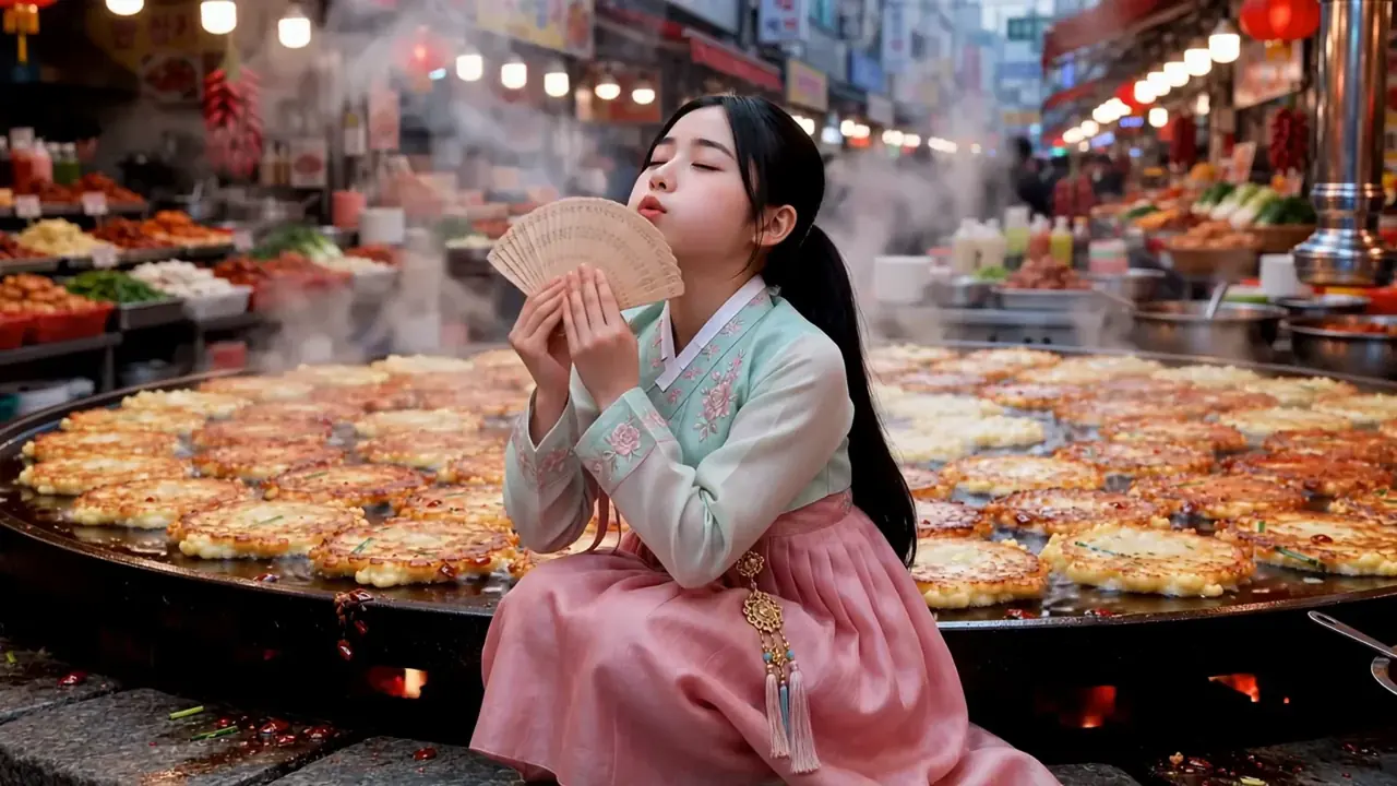 Zara beside an enormous sizzling bindaetteok griddle at Gwangjang Market