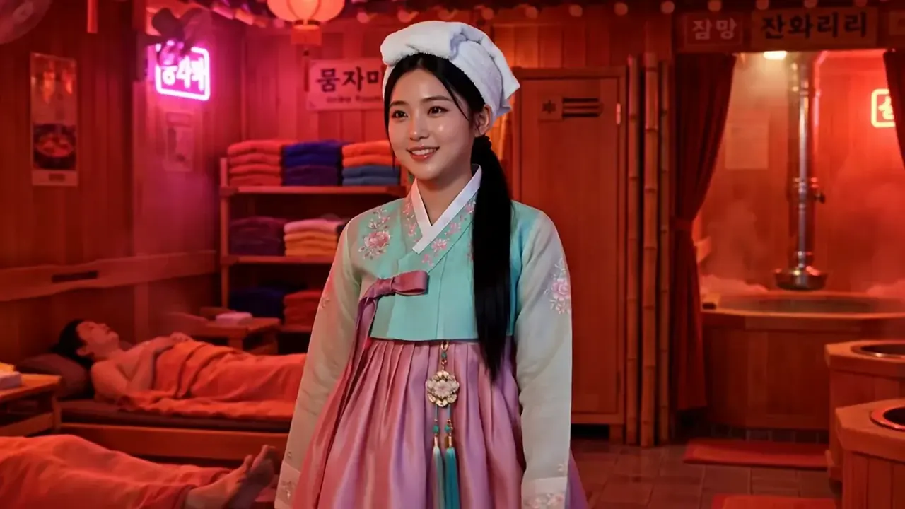 Zara wearing a yangmeori towel inside a Seoul jjimjilbang