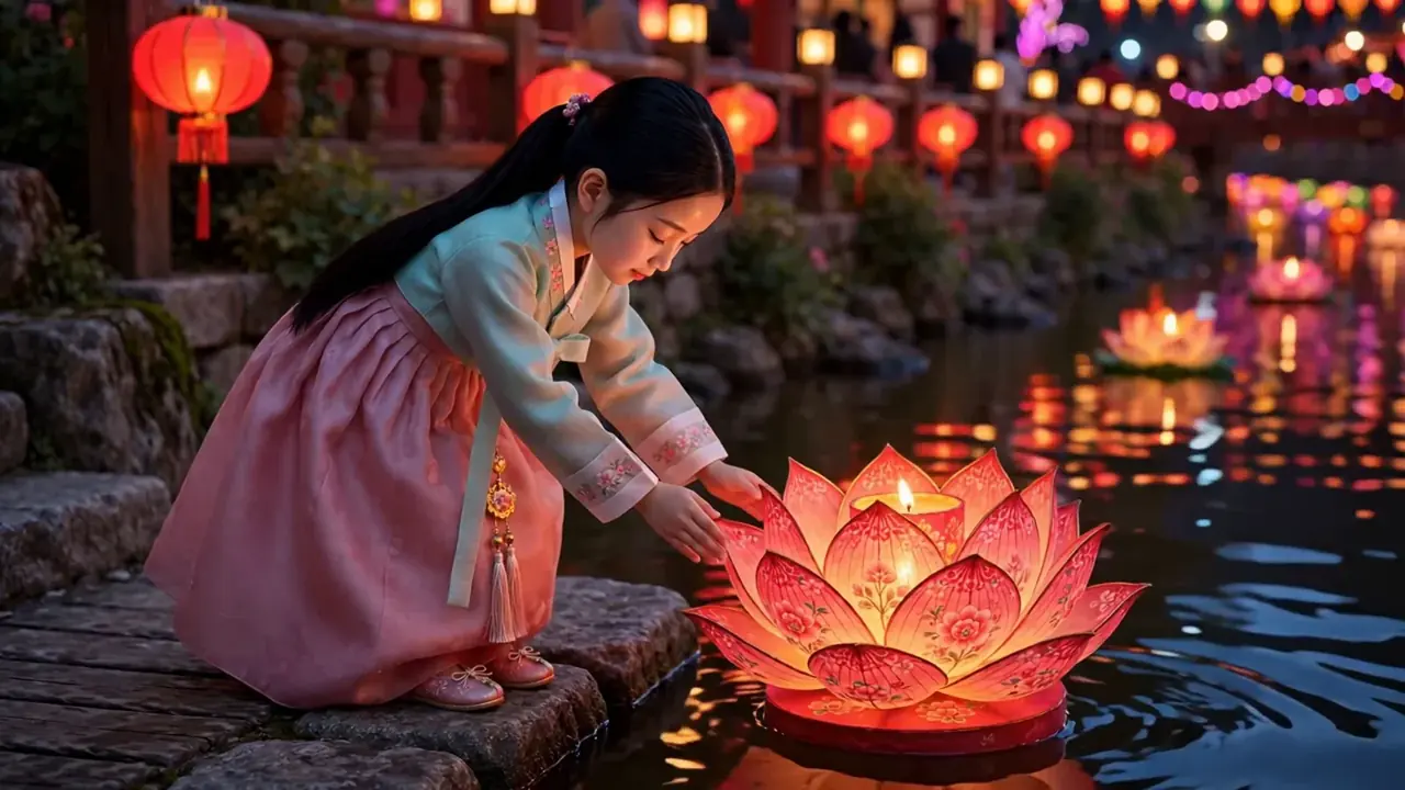 Zara placing a glowing lotus lantern onto Cheonggyecheon at night