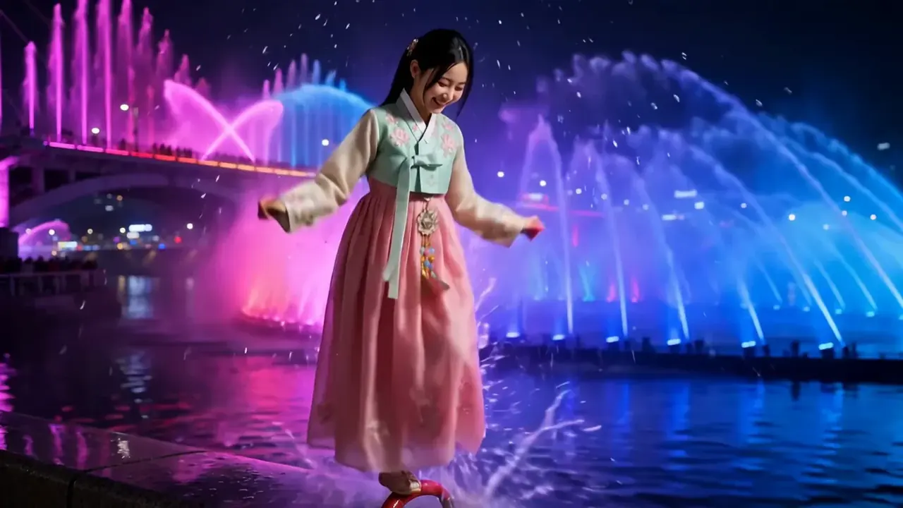 Zara dancing in the colorful mist of Banpo Bridge fountain