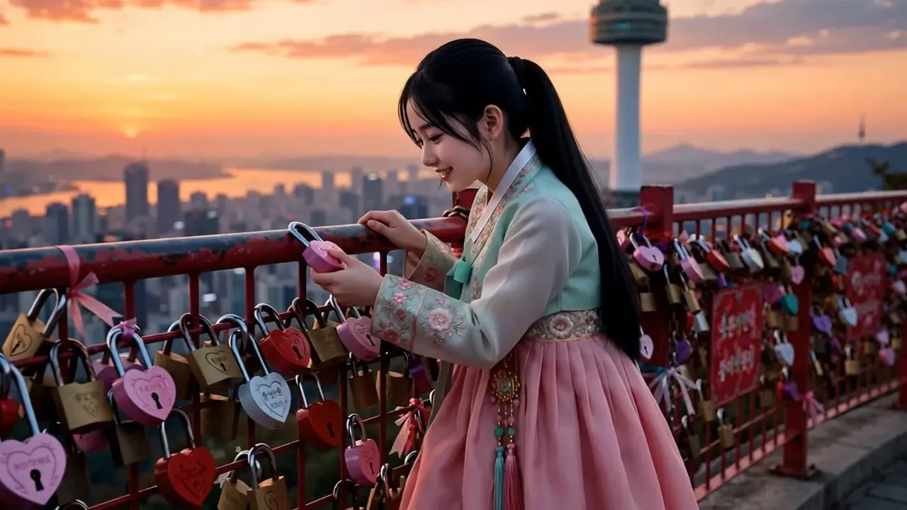 Zara hanging a tiny love lock at N Seoul Tower during sunset