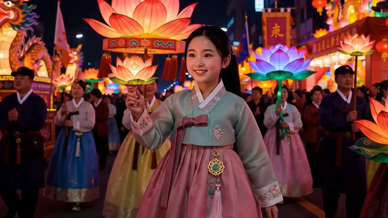 Zara carrying a glowing lotus lantern in a Seoul night parade