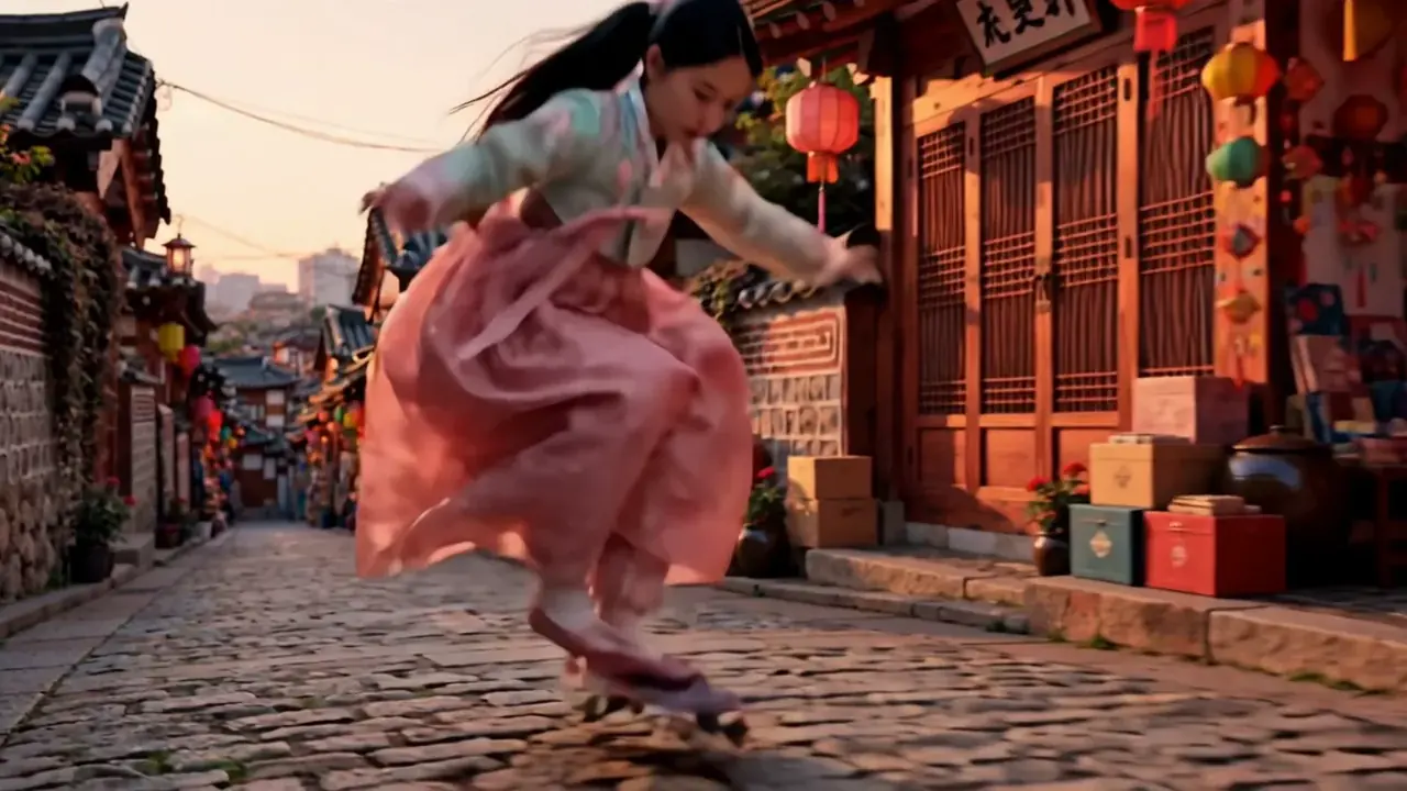 Zara flying through a Bukchon lane on a flipped ddakji paper tile