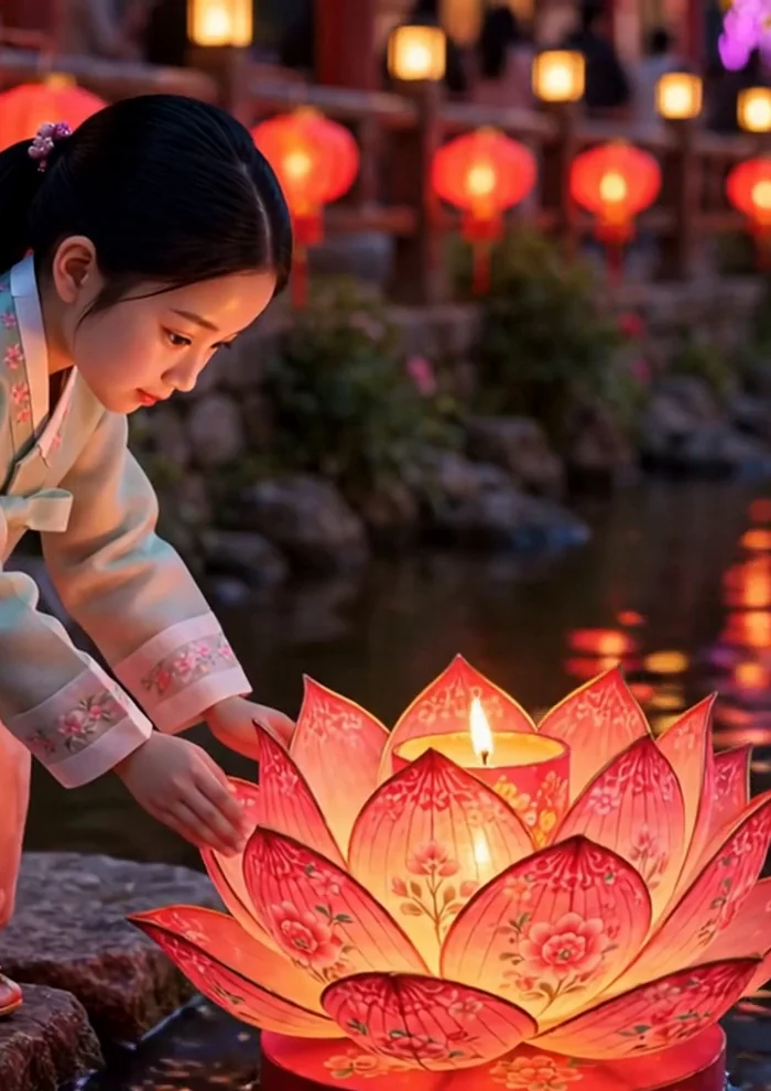 Zara setting a glowing lotus lantern on Cheonggyecheon at night, lanterns reflected in the river