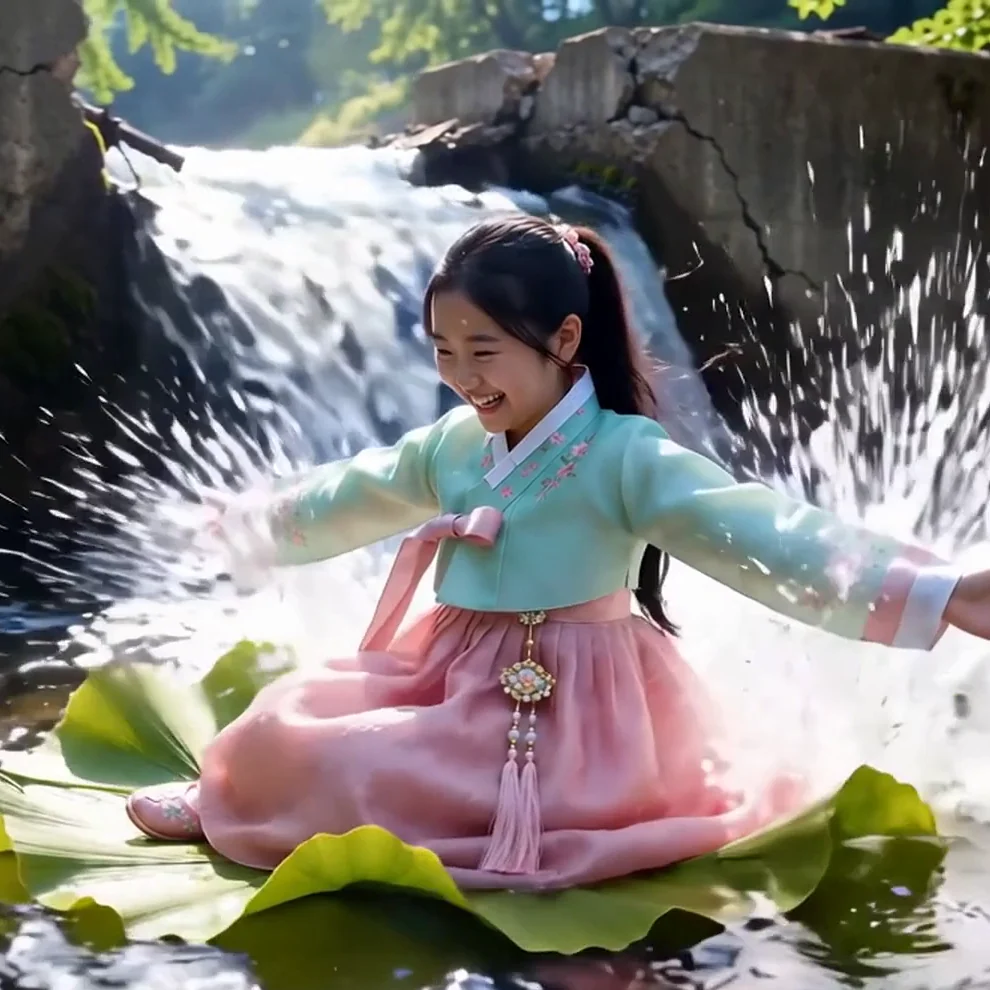 Zara splashing on a leaf as the freed river bursts through the old channel wall