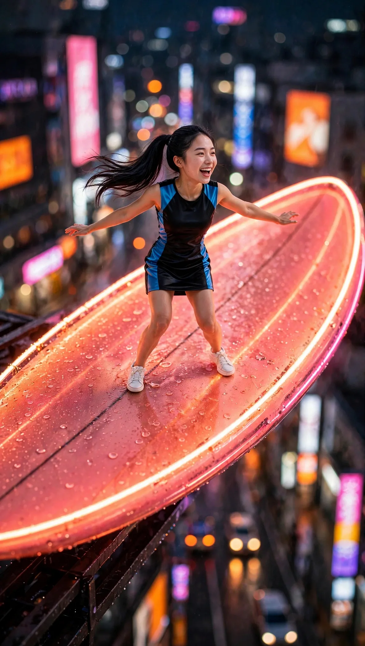 Zara surfing a glowing neon sign above Shinjuku with her full face visible
