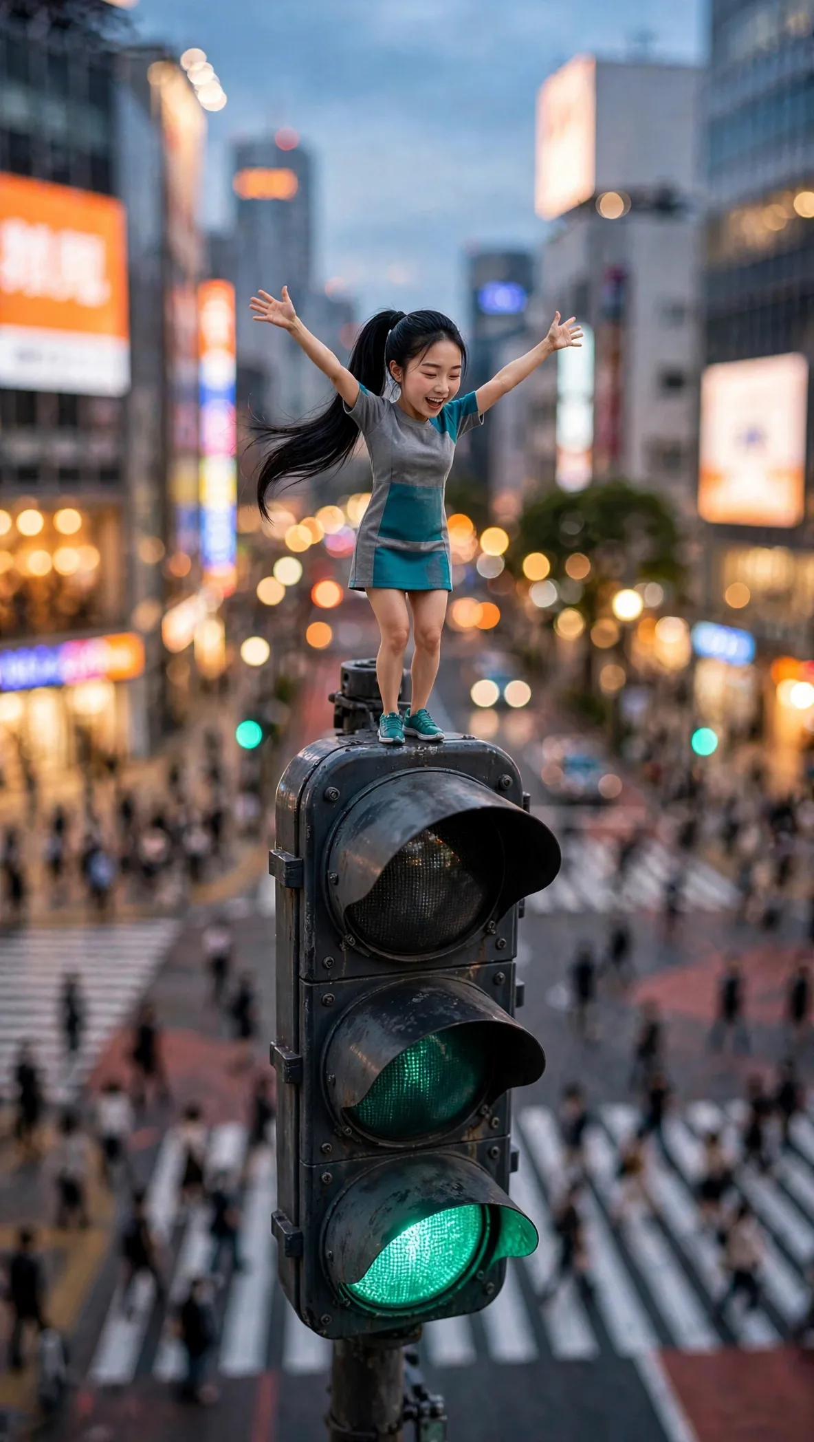 Tiny Zara balancing above Shibuya Crossing with her full face visible