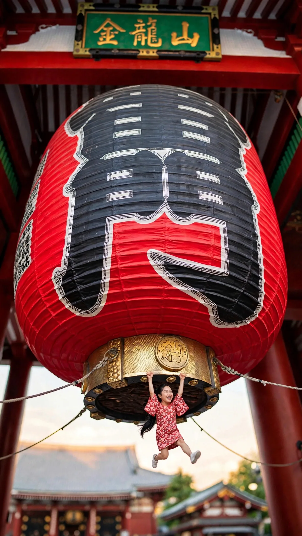 Zara beneath the giant Kaminarimon lantern with her full face visible