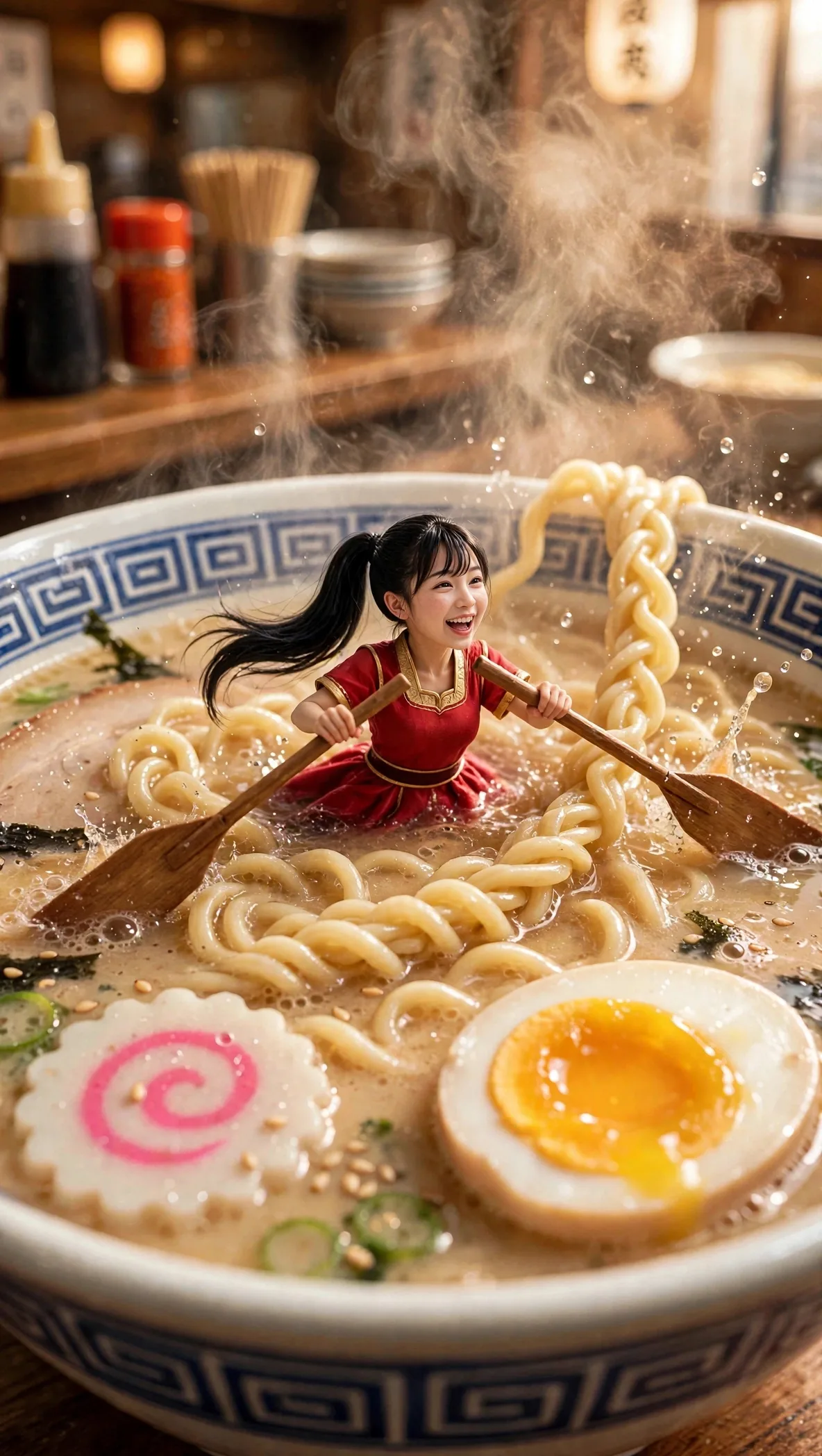 Zara paddling through a giant bowl of ramen with her full face visible