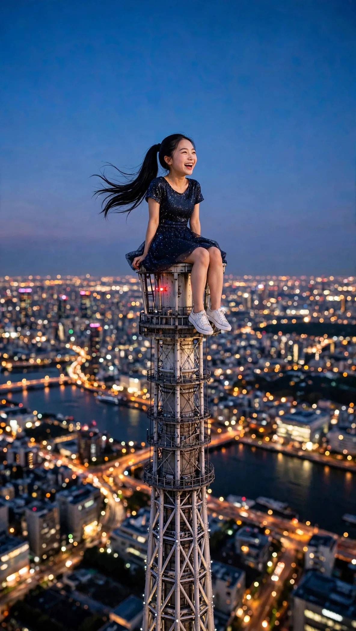 Zara sitting above Tokyo near Skytree with her full face visible