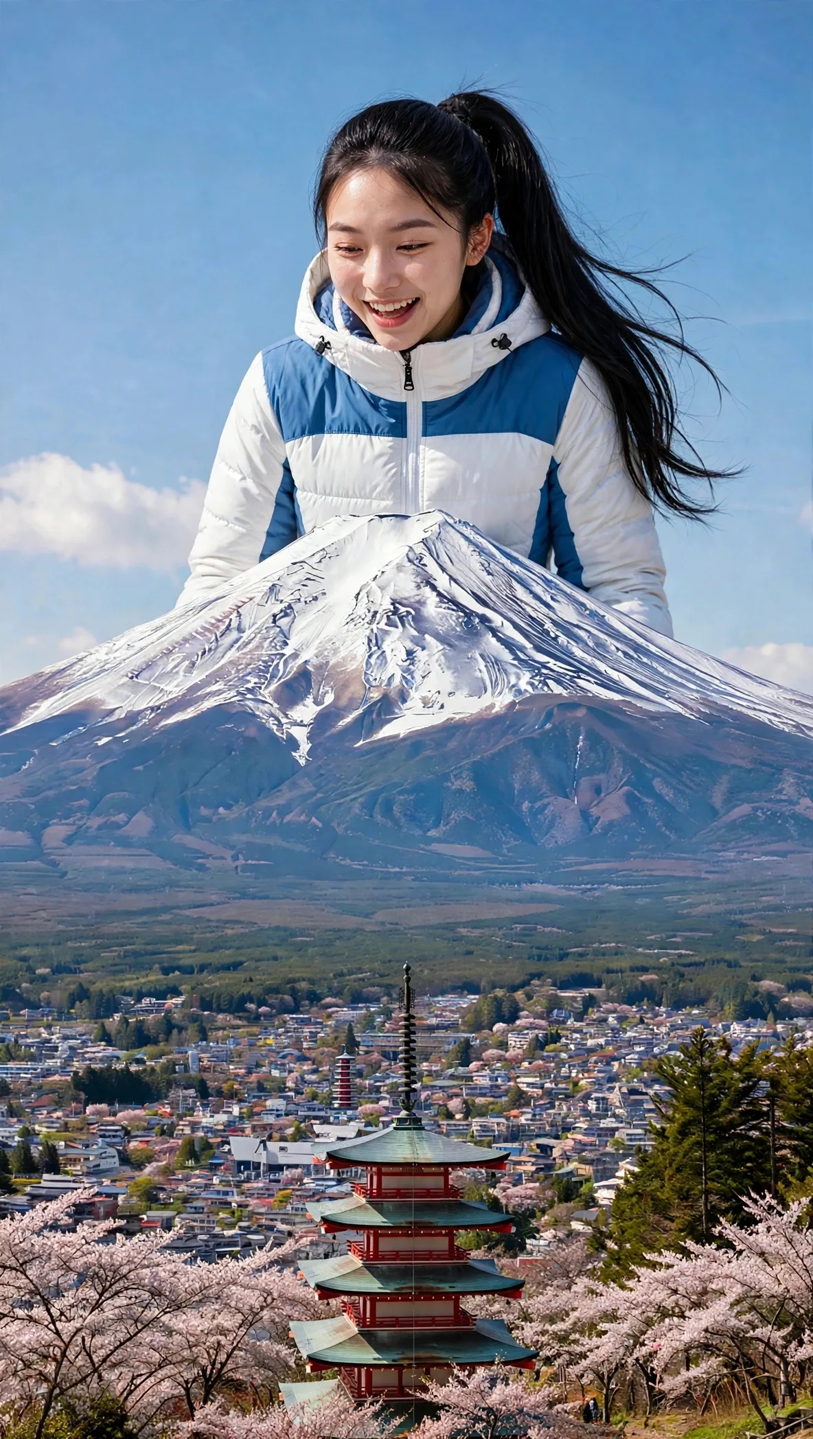 Zara looking toward Mount Fuji and Chureito Pagoda with her full face visible