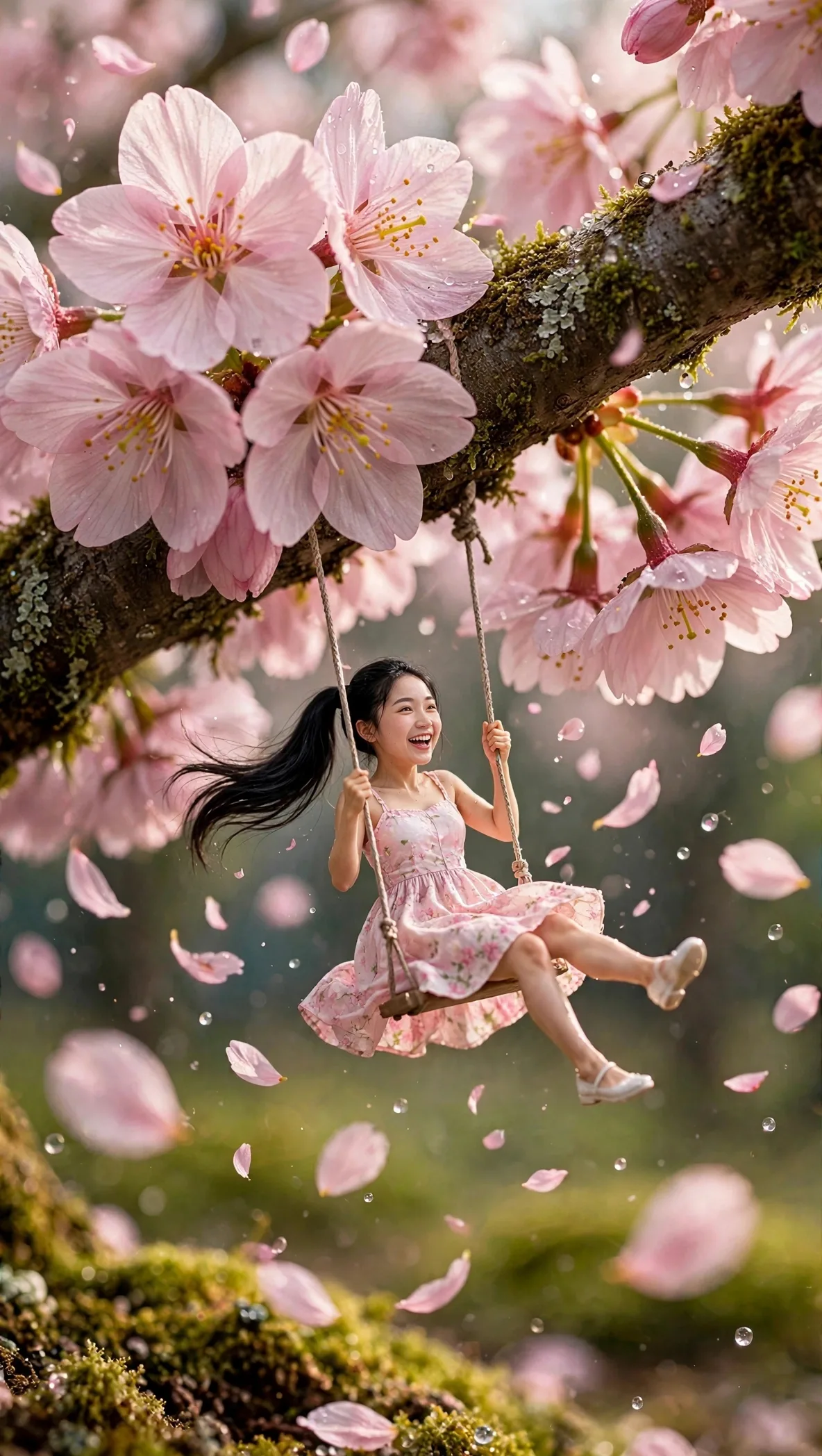 Zara swinging beneath giant pink cherry blossoms with her full face visible