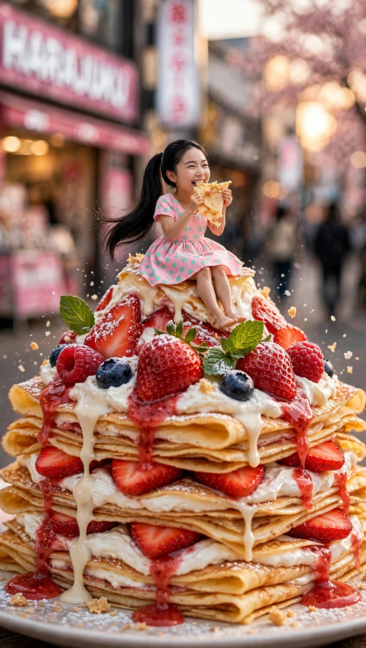 Zara sitting on a giant stack of strawberry crepes with her full face visible