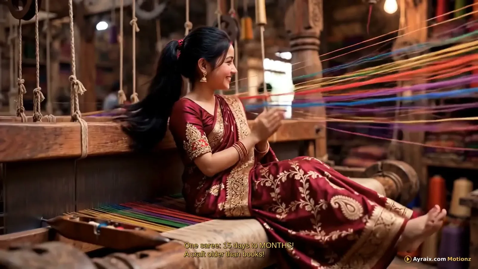 Tiny Zara seated on a handloom beside burgundy Banarasi silk and golden thread