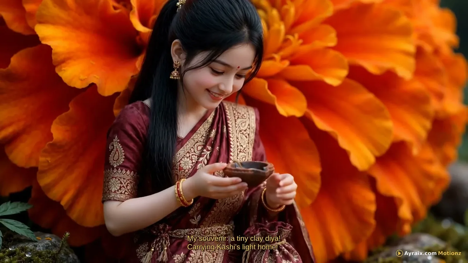 Zara floating a tiny diya on the Ganga at night