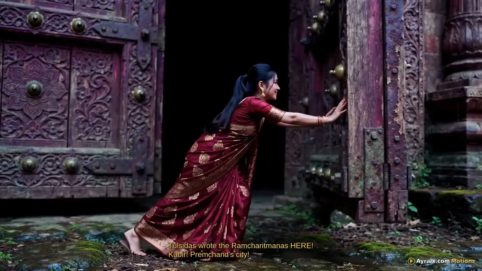 Zara approaching carved temple architecture at the riverfront