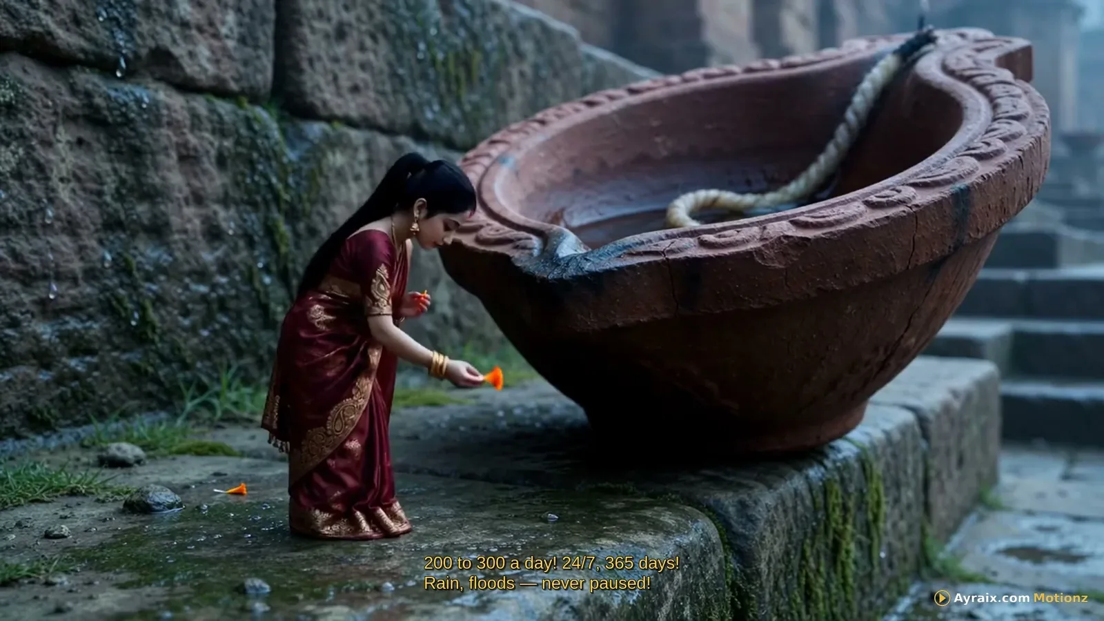 Zara examining a low, weathered temple near the Ganga