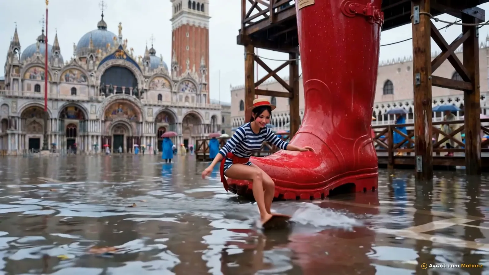 Tiny Zara beside a giant red boot in the flooded Piazza San Marco