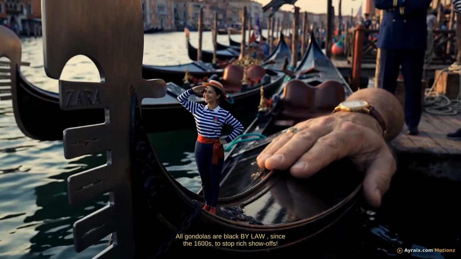 Tiny Zara in a striped top riding the prow of a gondola
