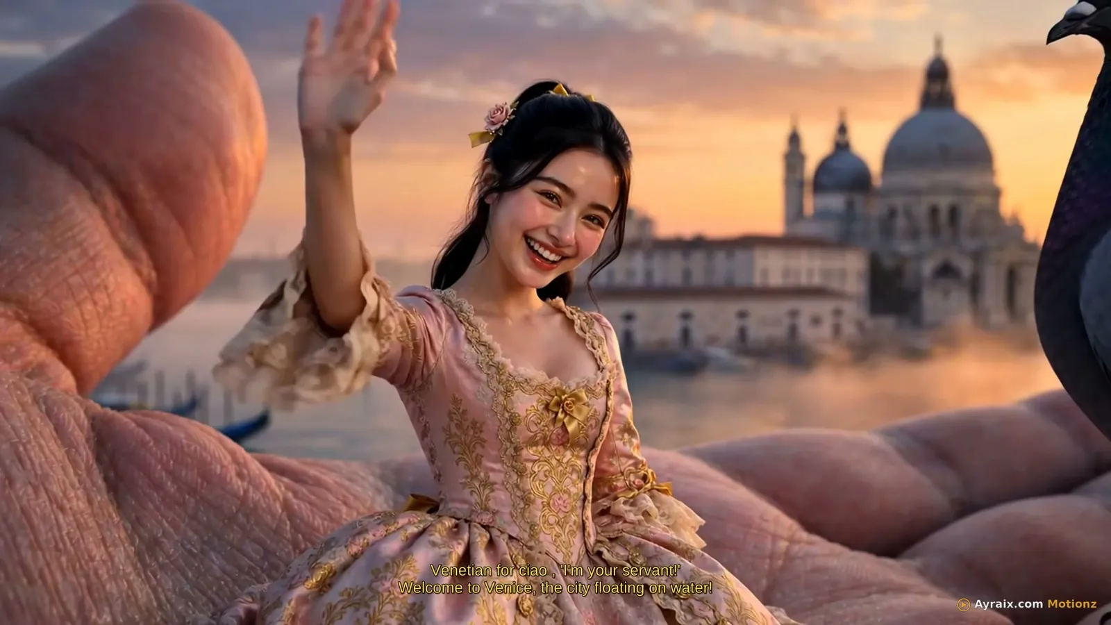 Tiny Zara waving from a giant fingertip with the Venice lagoon behind her