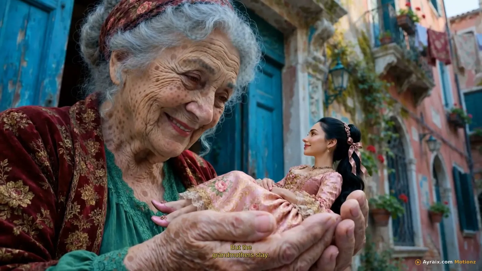 A Venetian nonna holding tiny Zara gently in her hands