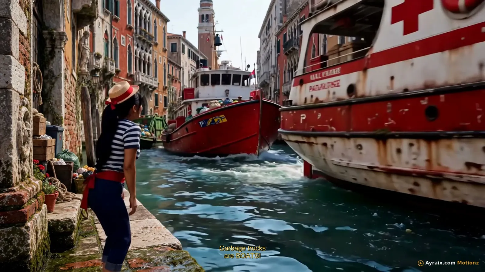 Tiny Zara waving at a vaporetto — secret three, no cars in Venice
