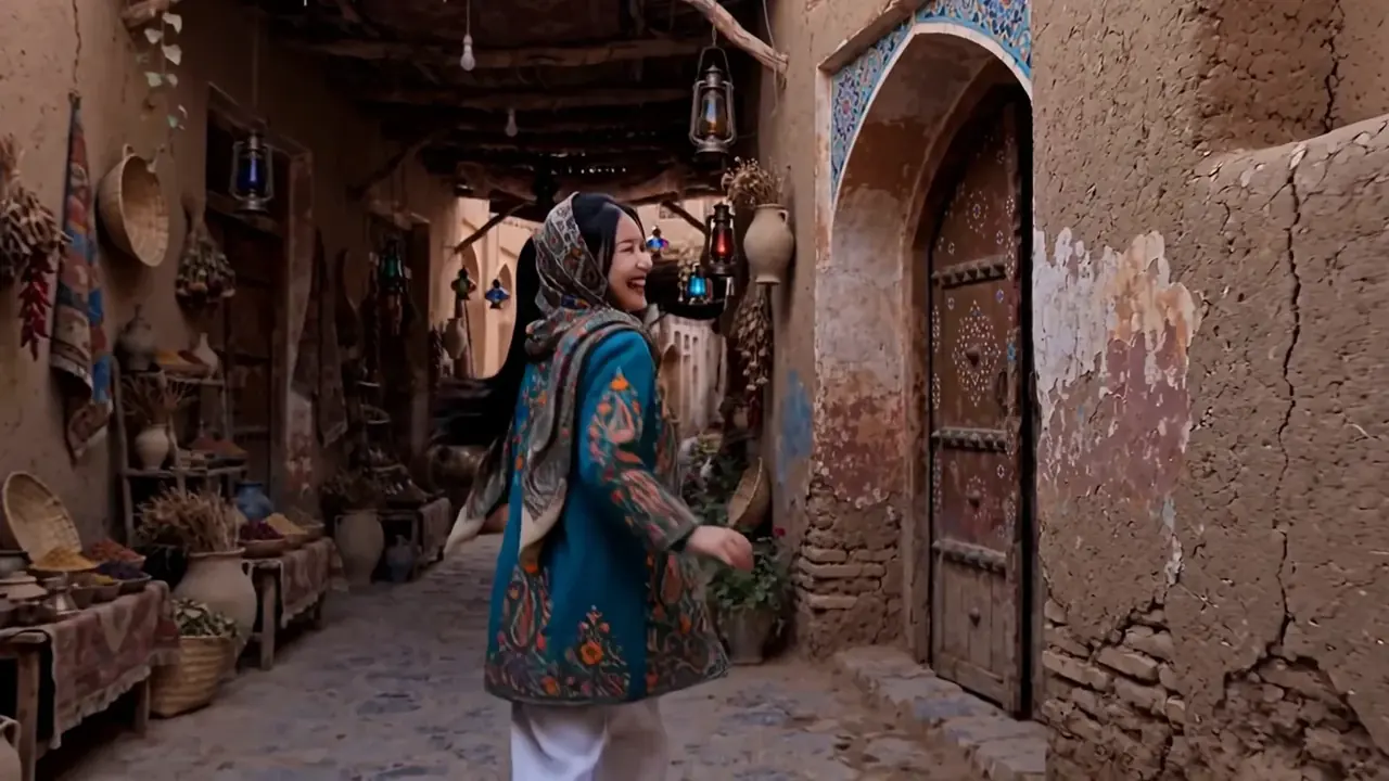 Tiny Zara exploring a narrow covered alley in Yazd's adobe old city