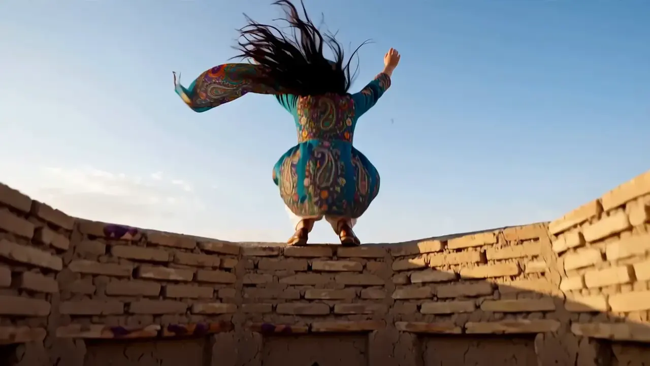 Tiny Zara riding a rush of air above a Yazd windcatcher