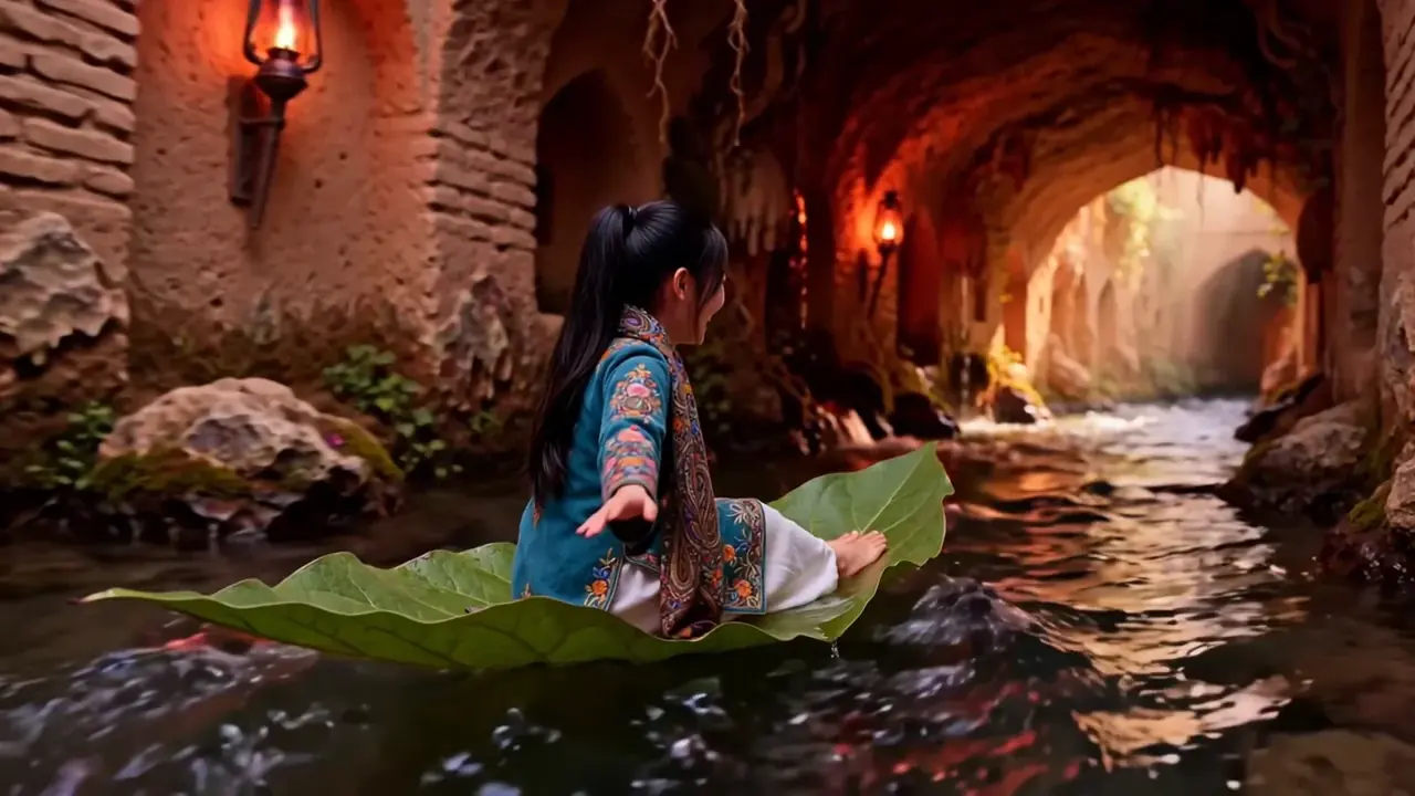 Tiny Zara riding a leaf on flowing water through an underground qanat