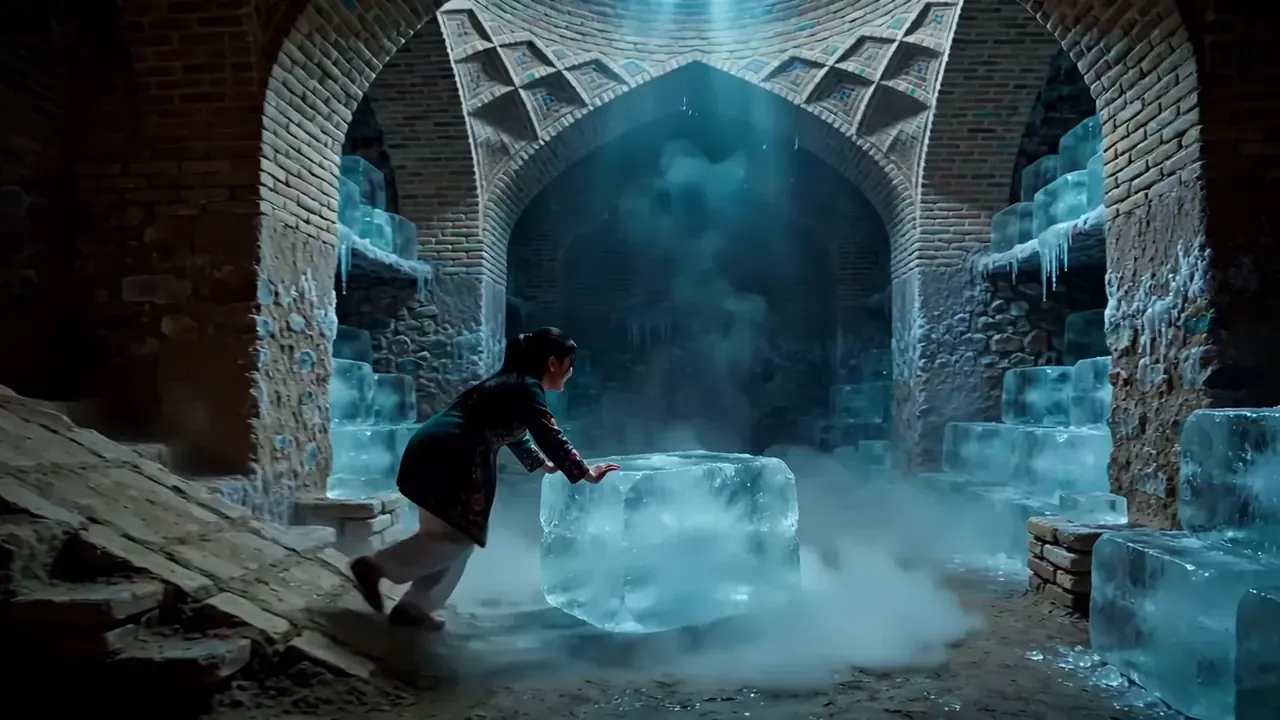 Tiny Zara moving ice inside a cool domed desert ice house