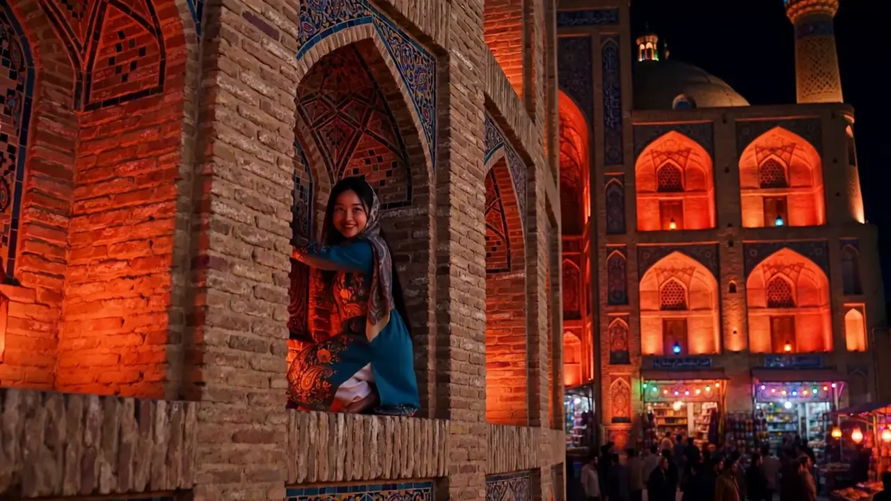 Tiny Zara at the illuminated arches of Amir Chakhmaq Complex