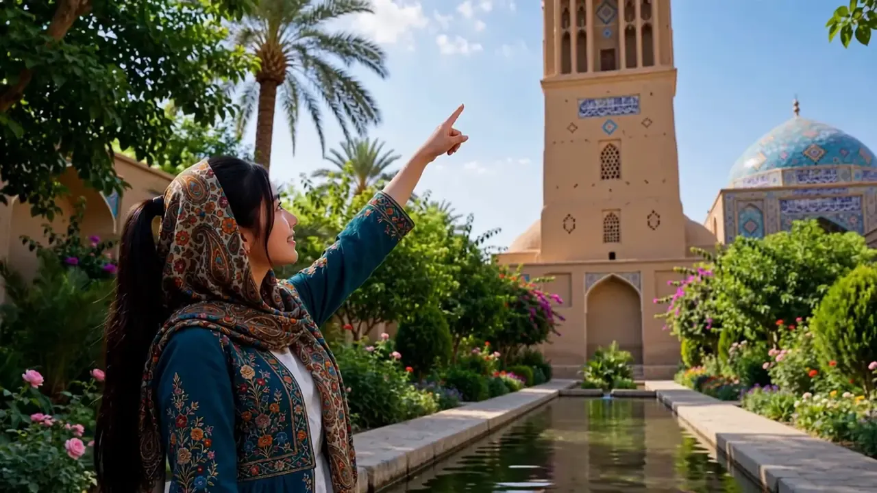 Tiny Zara in Dowlat Abad Garden pointing toward its tall windcatcher