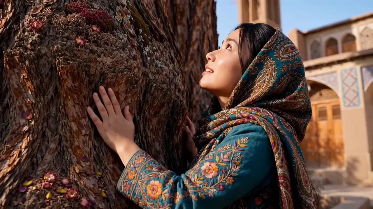 Tiny Zara touching the enormous trunk of an ancient cypress