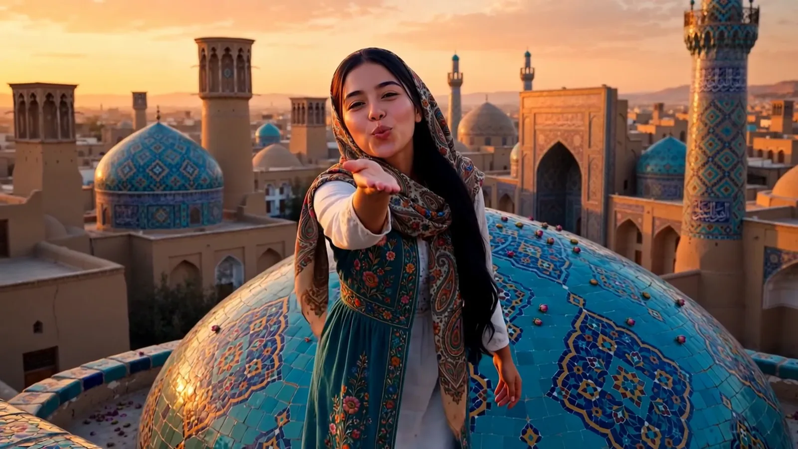 Tiny Zara on a turquoise tiled dome above Yazd's adobe skyline and windcatchers