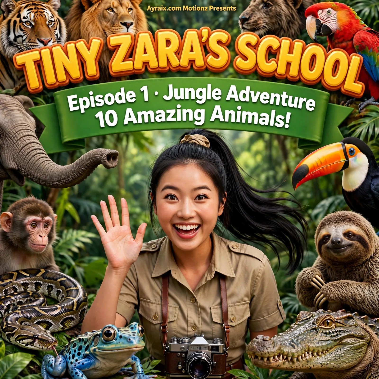 Zara surrounded by ten jungle animals — Tiny ZARA's School Episode 1 poster