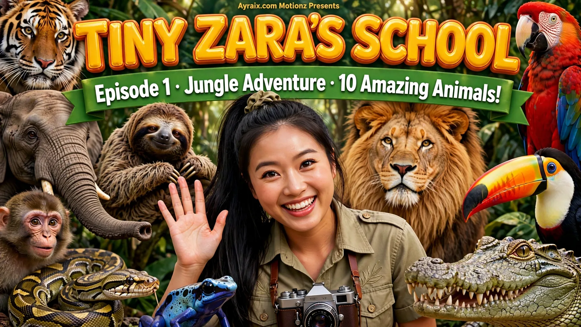 Tiny Zara's School Episode 1 poster — tiny Zara with ten jungle animals
