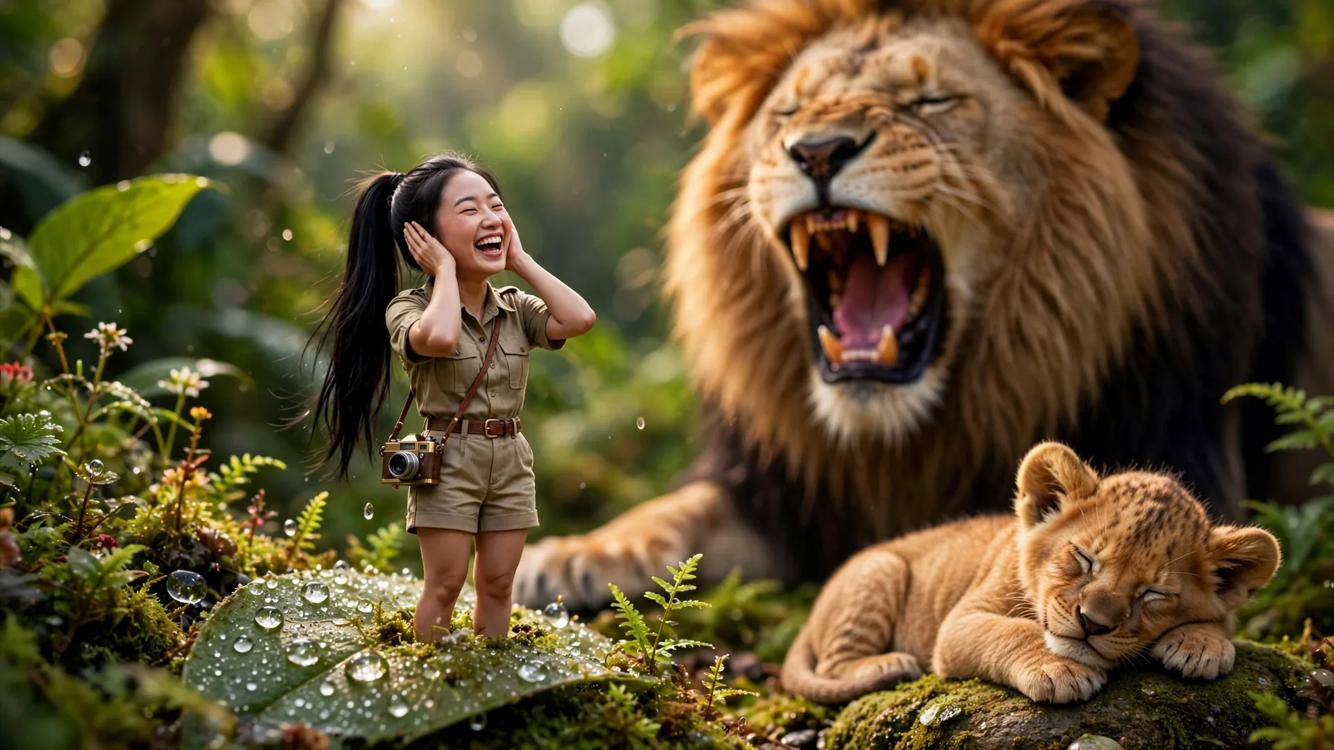 Tiny Zara roar practice with the lion