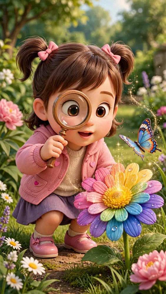 Mia studying a butterfly beside a colorful flower