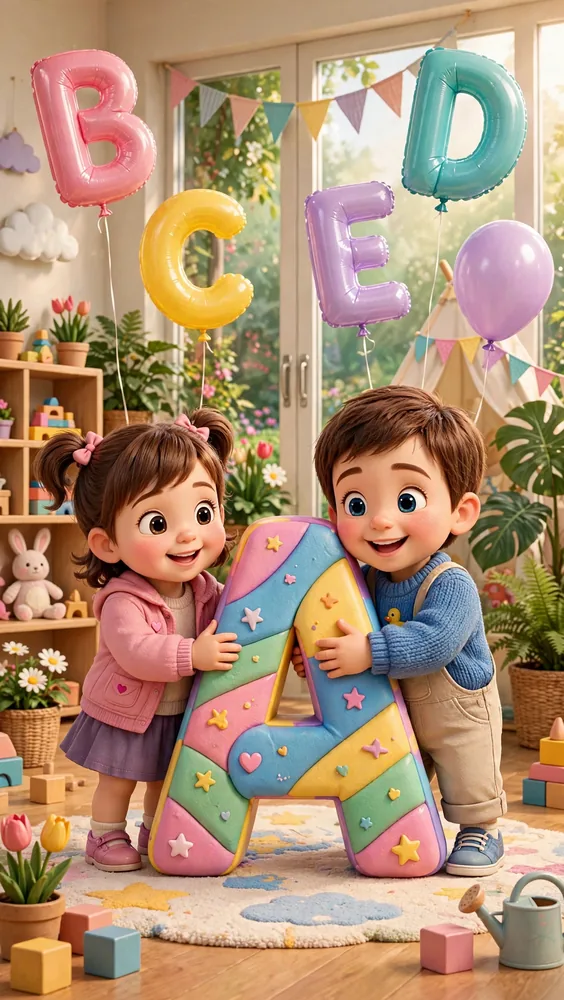 Mia and Milo holding a giant colorful letter A