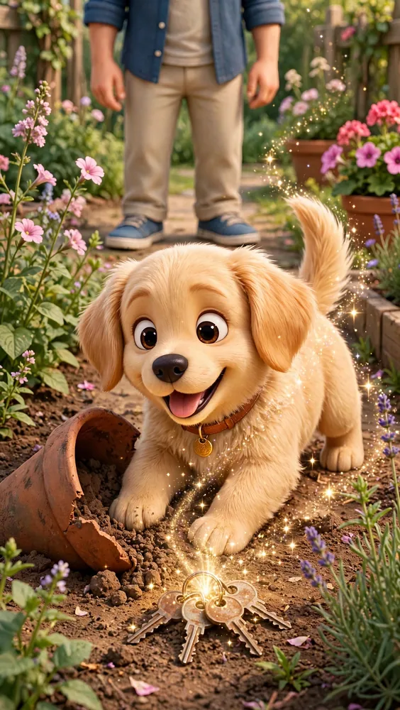 Biscuit finding a sparkling hidden key in the garden