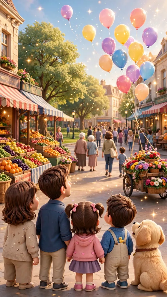 The family watching balloons drift above the market