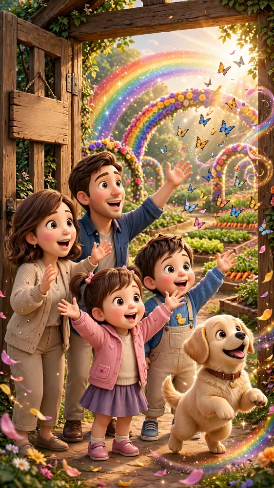 The family opening the magical Pixelz Garden gate