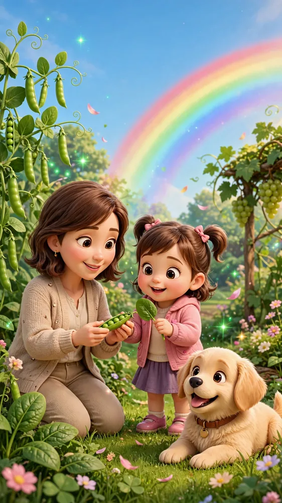 Mia and Mama Lily exploring green foods in the garden