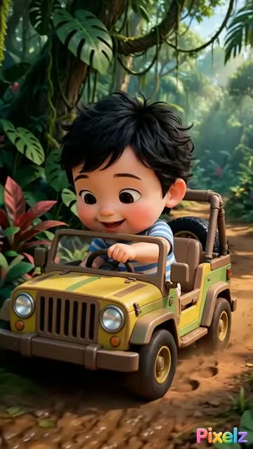Rio in a yellow jeep pointing at a lion in the jungle