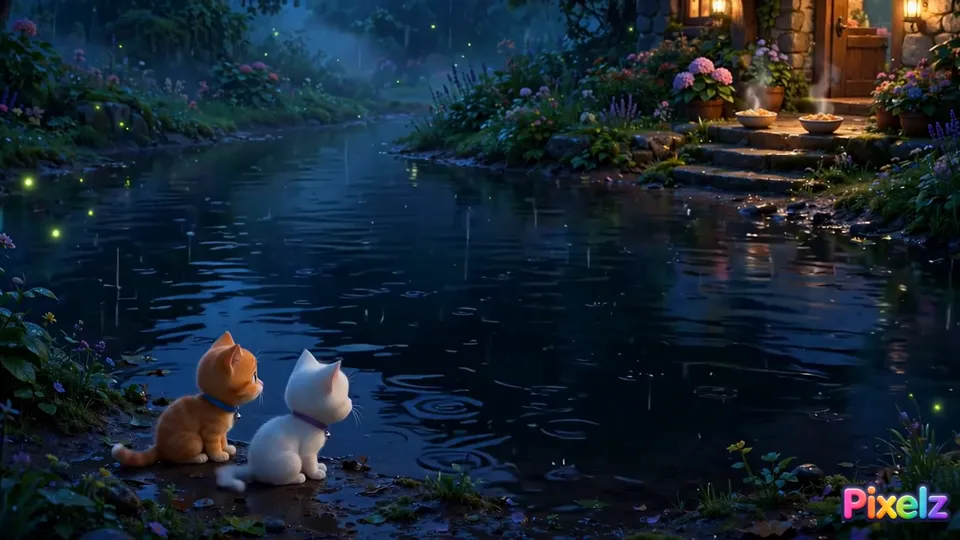 Bolt and Mochi looking at a big puddle in the moonlit garden