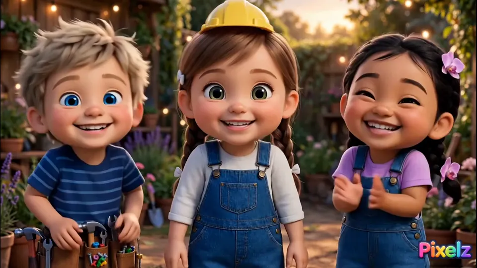 Builder Boy, Pippa and Tuki smiling together