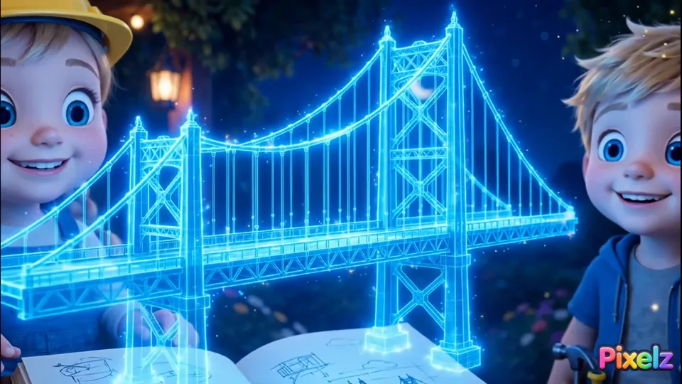 A glowing blue hologram of a bridge rising from Pippa’s sketchbook